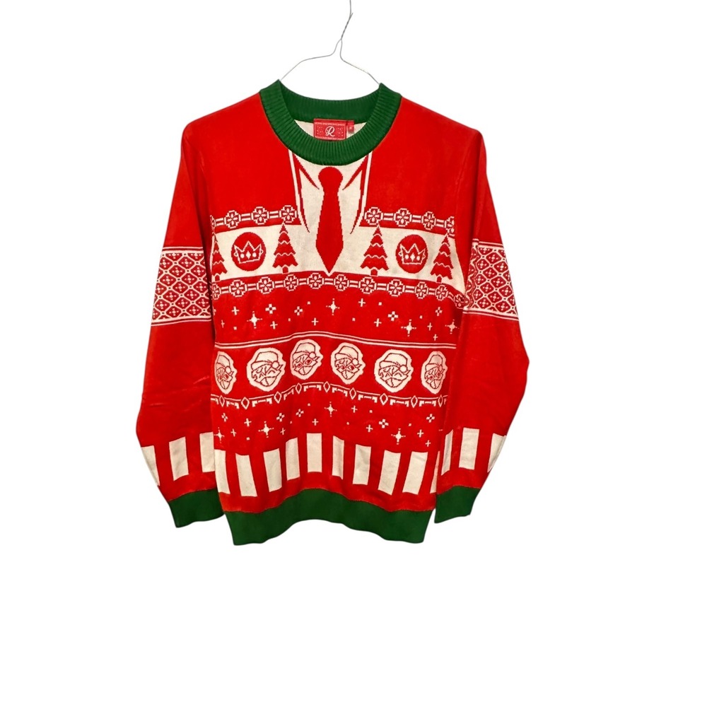 Royal Robbins Sweater Mens Medium Red Christmas Holiday Graphic Knit Faux Tie